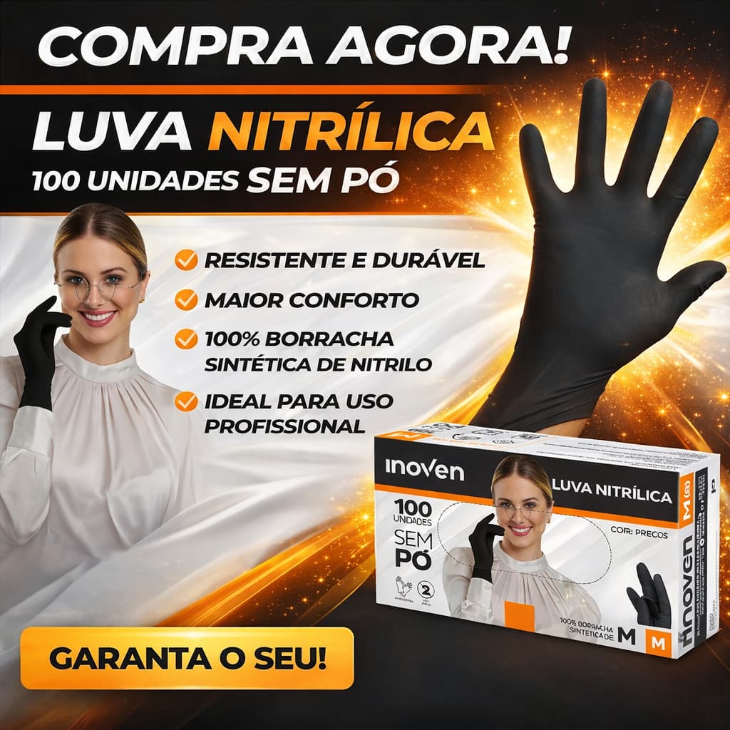 Luva Nitrílica Preta Descartável Sem Pó 100 Unidades Para Uso Profissional