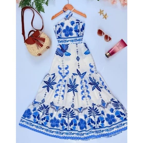 VESTIDO TROPICAL JUVENIL AMARRAÇÃO NAS COSTAS VESTIDO LONGO 12-14-16