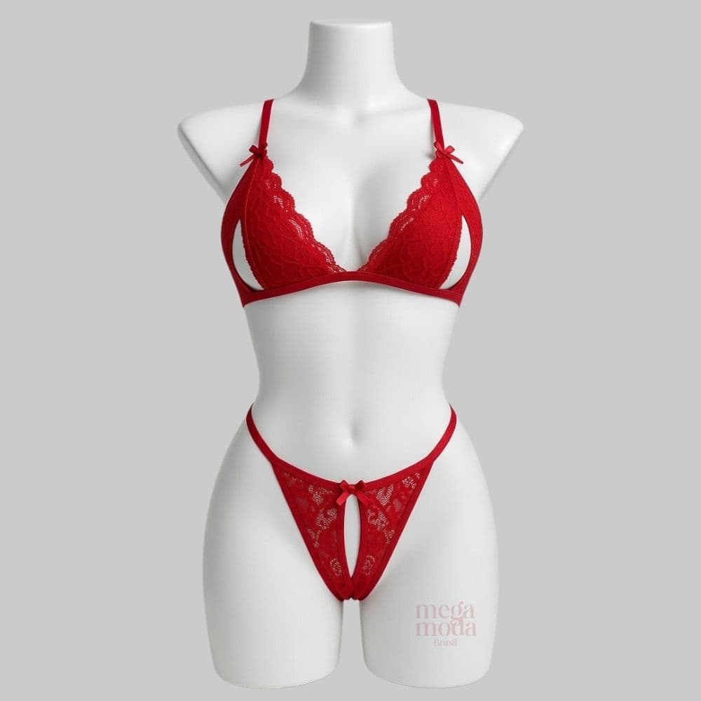 Conjunto Lingerie Apressadinha Sexy Renda com Abertura Sutiã + Calcinha Fio Dental Sensual Marido
