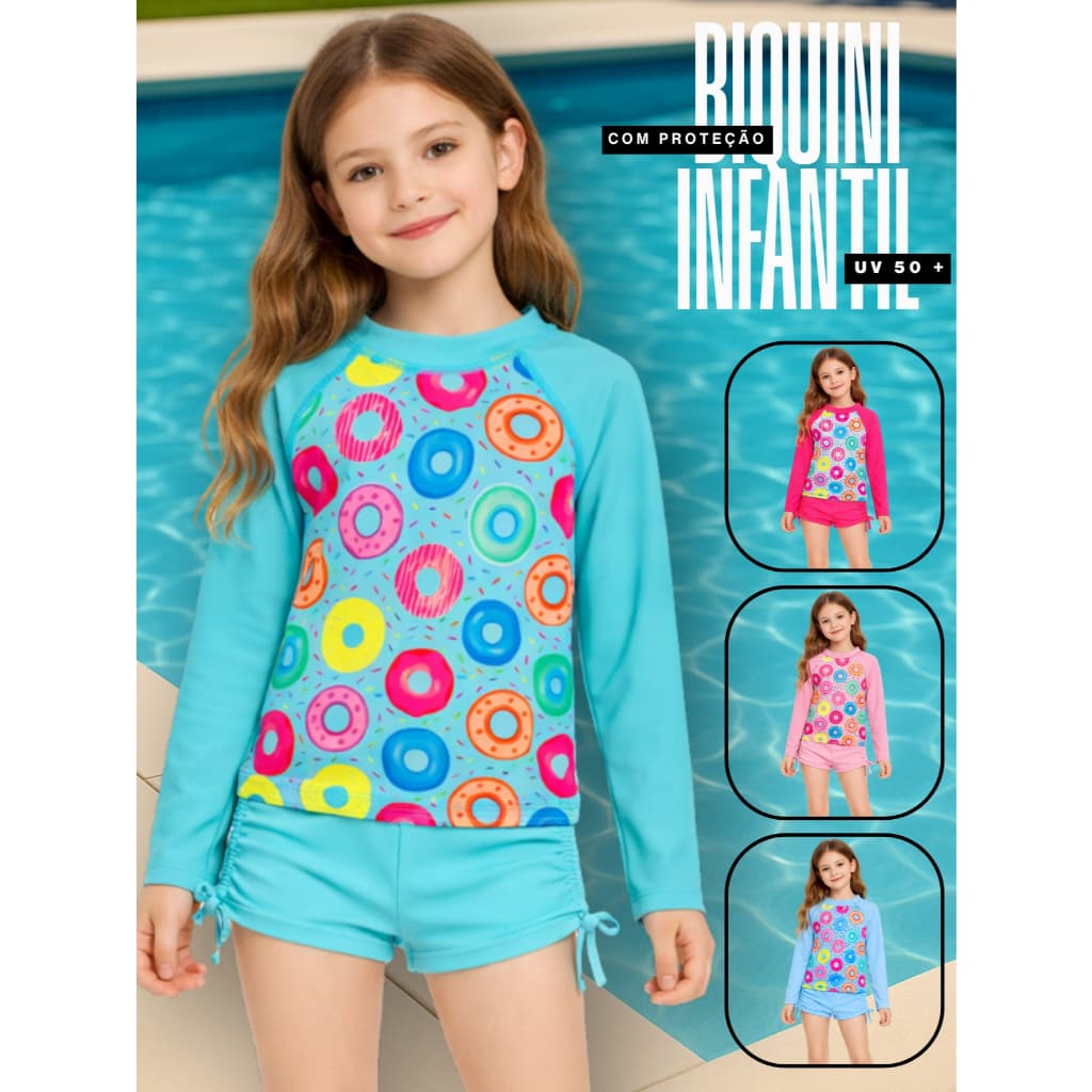 Biquini Infantil Menina Com Camiseta Proteção Uv 50+ Verão Short Ideal para praia e piscina