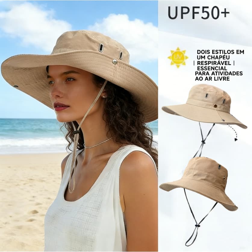 Chapéu de Sol Pescador Bucket Hat - Proteção UV, Impermeável, Cordão Ajustável para Trilha e Camping