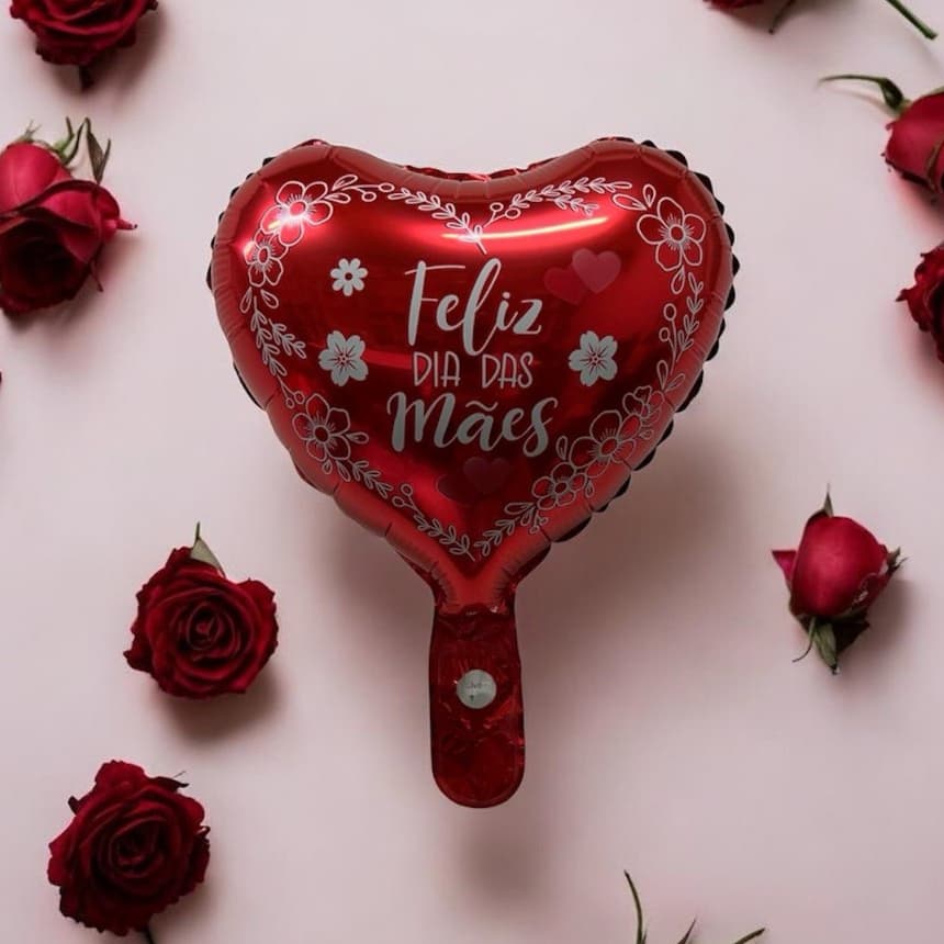 Balão Metalizado Coração Vermelho Feliz Dia Mães Flores 30cm Decoração Festa