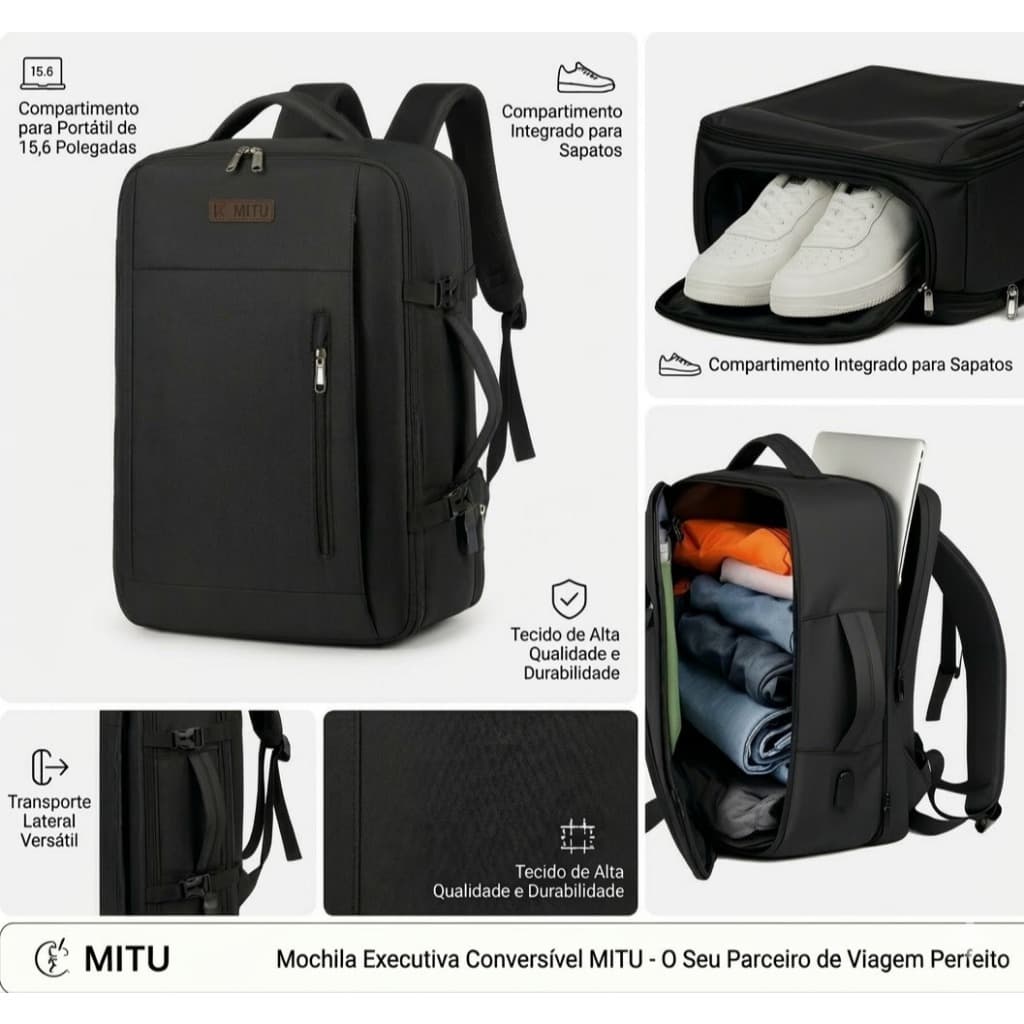 Mochila Executiva Viagem Multifuncional Impermeável Grande Volume p/ Notebook 15.6" com USB e Tamanho Avião