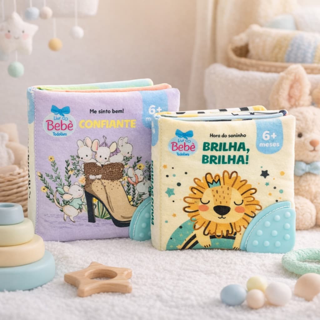 Kit 2 Livro Infantil de Pano Macio Com Mordedor Silicone para Bebês Todo Livro
