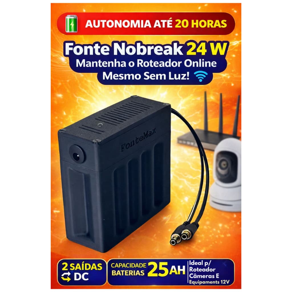 Mini Nobreak 12v, 24 Watts de potência. 🔋 Autonomia até 20 h ⚡ 25 Ah | Ideal para Roteador, Câmeras e ONU