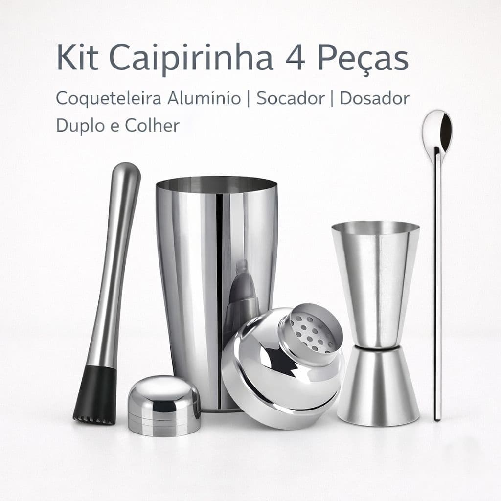 Kit Coqueteleira Inox 500ml Caipirinha Barman 4 Peças Profissional Socador Colher Dosador