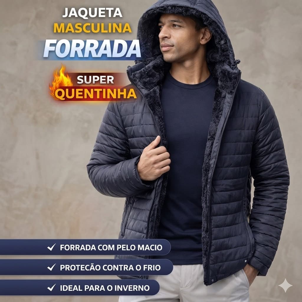 Jaqueta Peluciada Puffer Masculina Forrada Com Capuz Removível