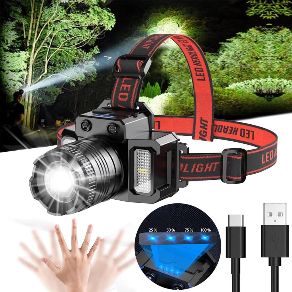 Lanterna de Cabeça Recarregável USB com Sensor, À Prova D’água, LED Multifuncional, Ideal para Pesca, Camping e Ciclismo