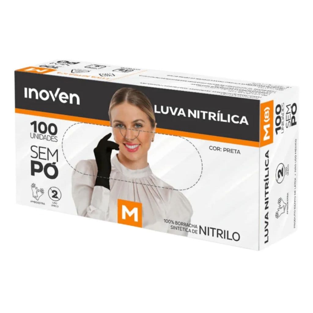 Luva Nitrílica Descartável Preta M Inoven Sem Pó 100 Unidades