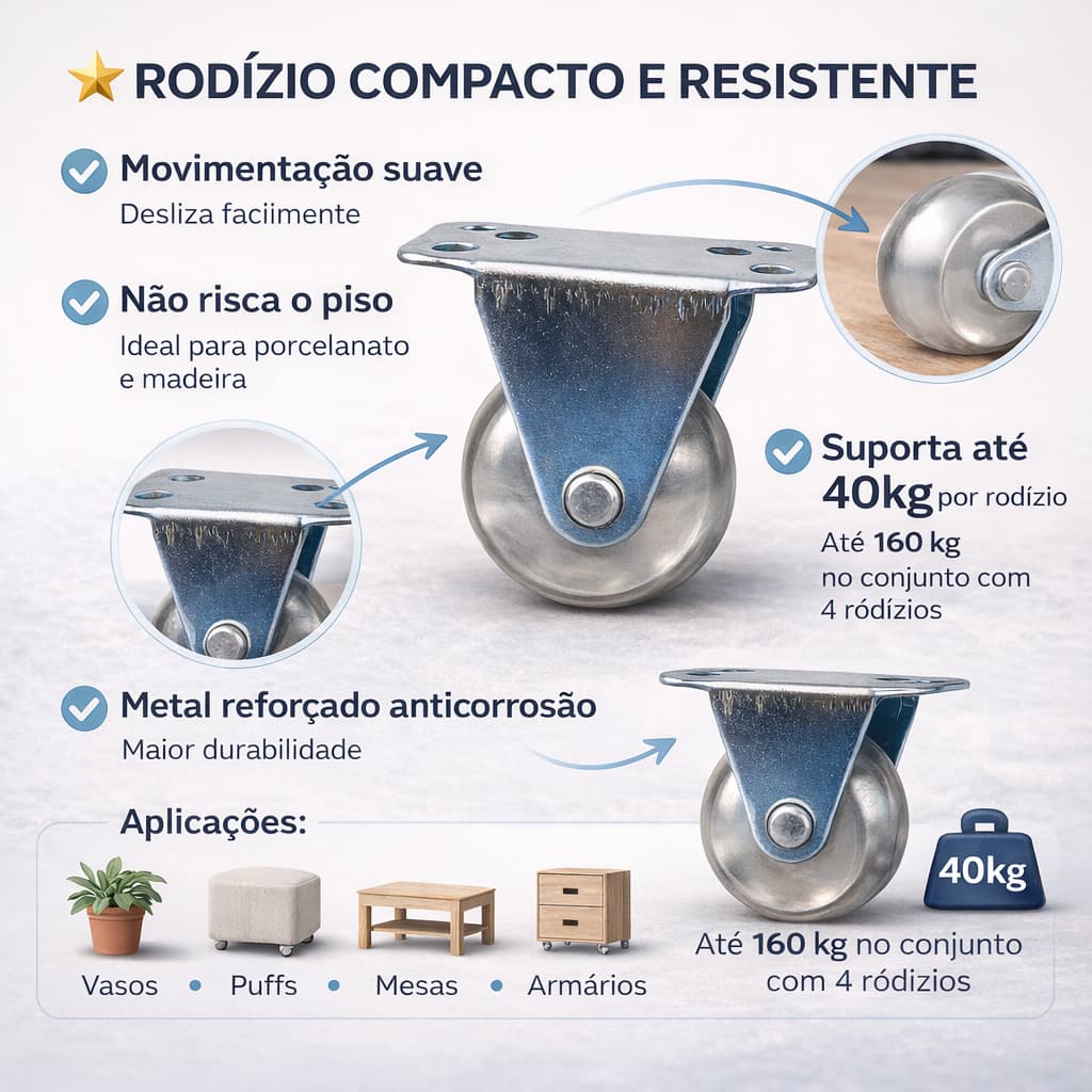 Rodízios 50mm fixo de Silicone para Móveis Vasos e Equipamentos Geral Kit 4 Unidades + Kit Parafusos