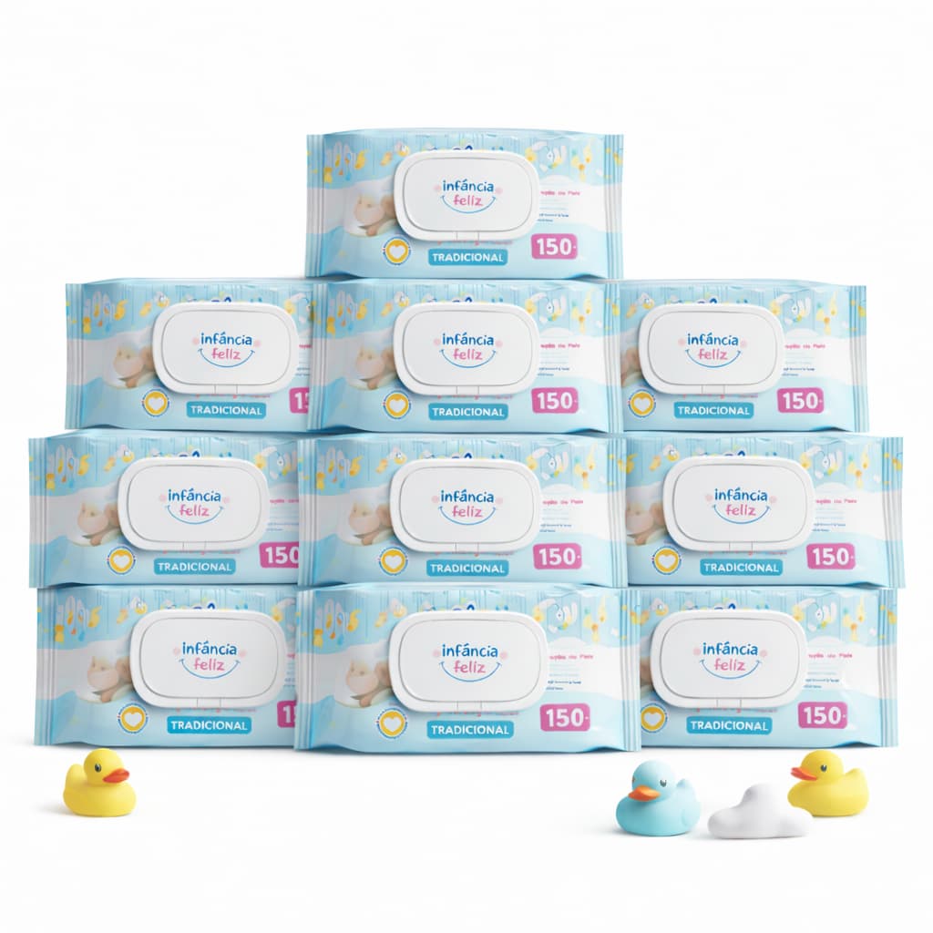 Kit 10 Pacotes Toalhas Umedecidas Infância Feliz 150 folhas Com Tampa Flip Top 98% Água