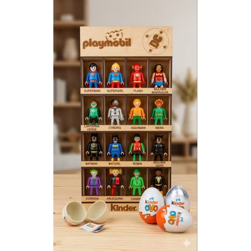 Expositor em MDF para bonecos coleçãokinder ovo Playmobil DC