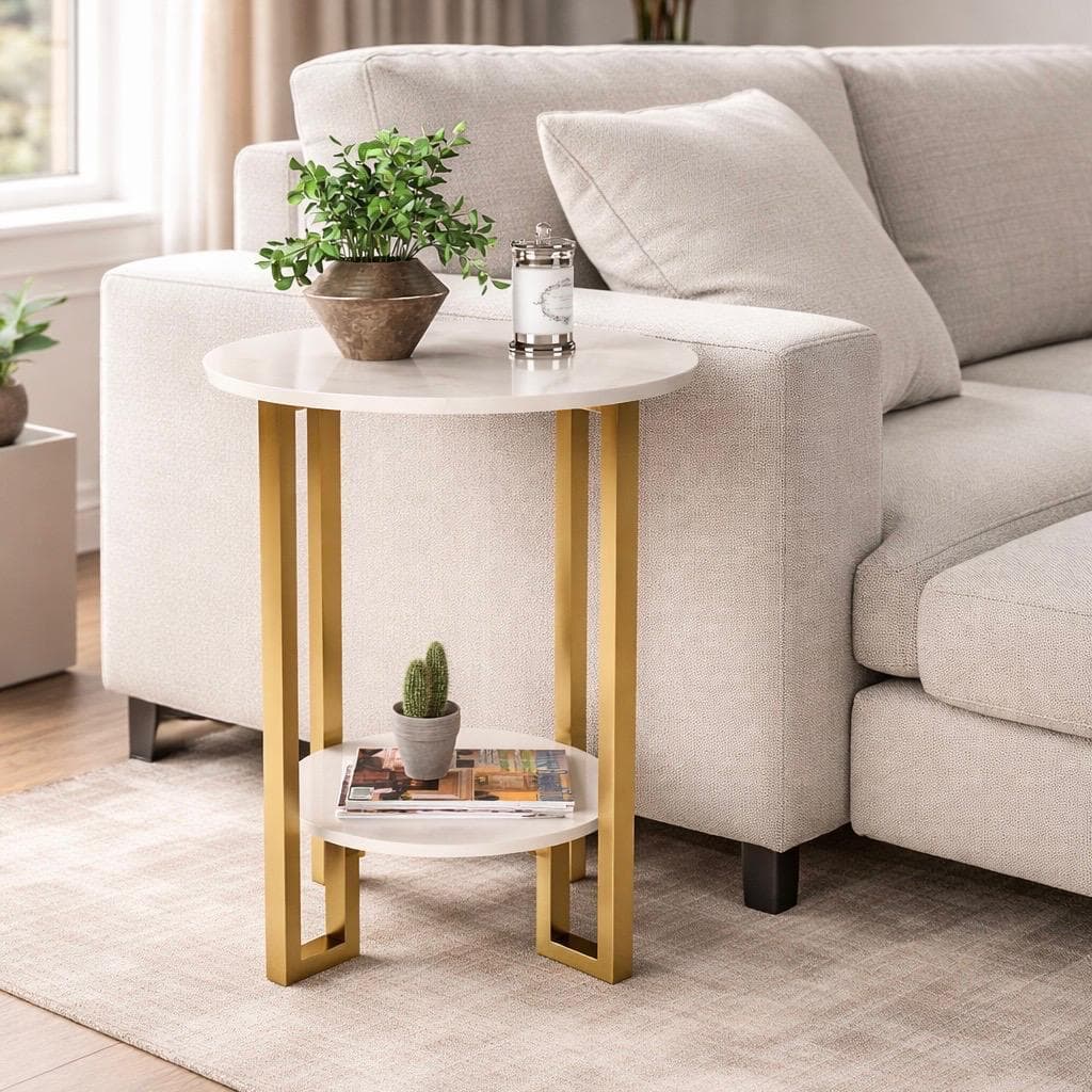 Mesa Apoio Redonda 2 Tampos MDF com Pés de Metal Dourado – Mesa de Apoio Moderna Sala/Quarto