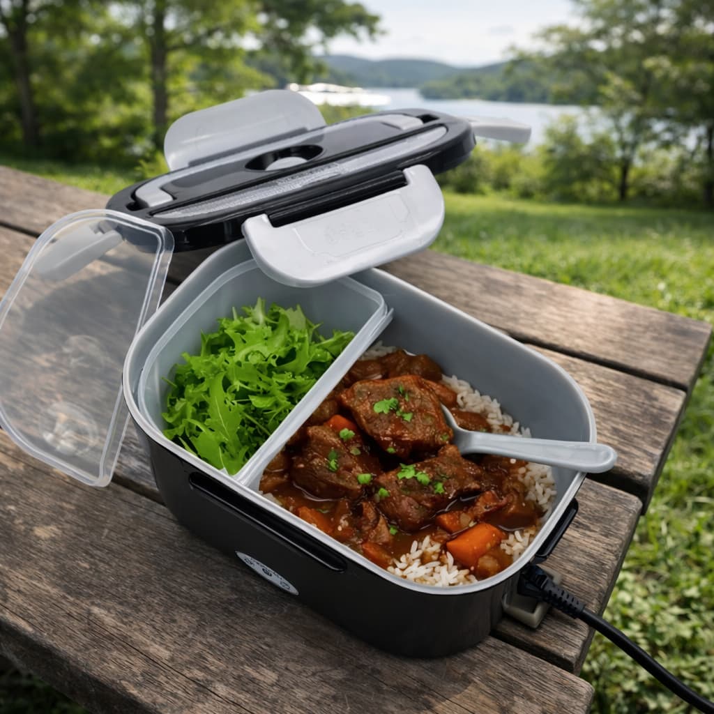 Marmita Elétrica Bivolt 1,5L Preta com Colher Para Escritório Prática Compacta Aquecimento Rápido no Dia a Dia