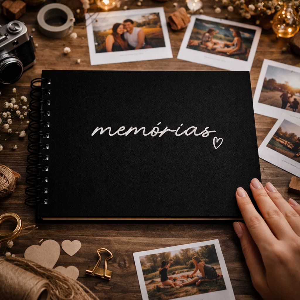 Álbum de Fotos Scrapbook 15x21cm (40 folhas) Folhas Pretas 180g Memórias Capa Dura