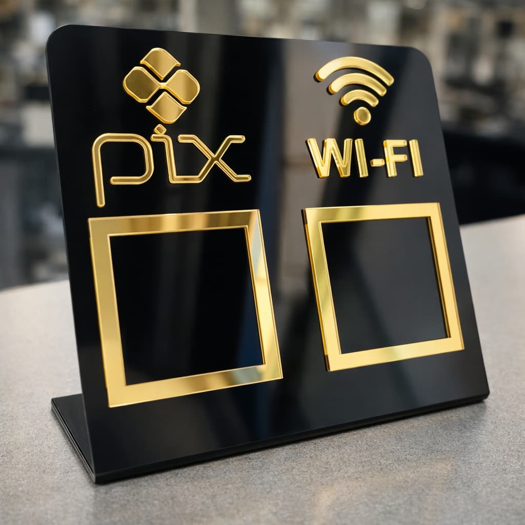 Placa Pix e WiFi com Suporte Acrílico Display QR Code Pagamento Digital para Balcão Loja