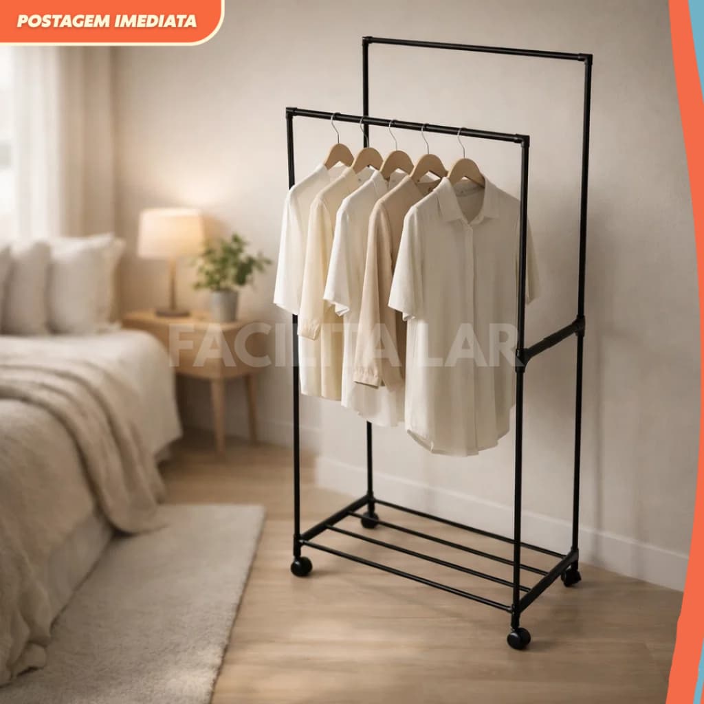 Cabideiro Arara Dupla de Roupa em Sapateira Quarto Resistente C/ Rodinha Multiuso Mais de 20 Cabides