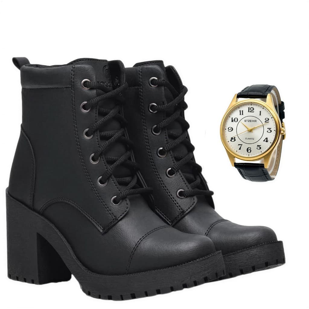 Coturno Feminino Bota Salto Alto Falcucci Tratorada + Relógio