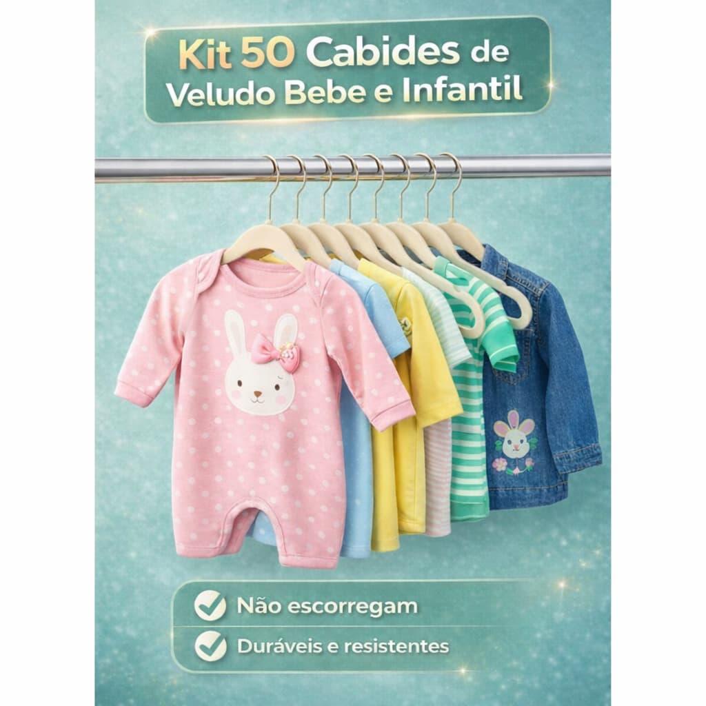 Kit 50 Cabide Infantil Bebê Veludo Slim Antideslizante Ultra Fino