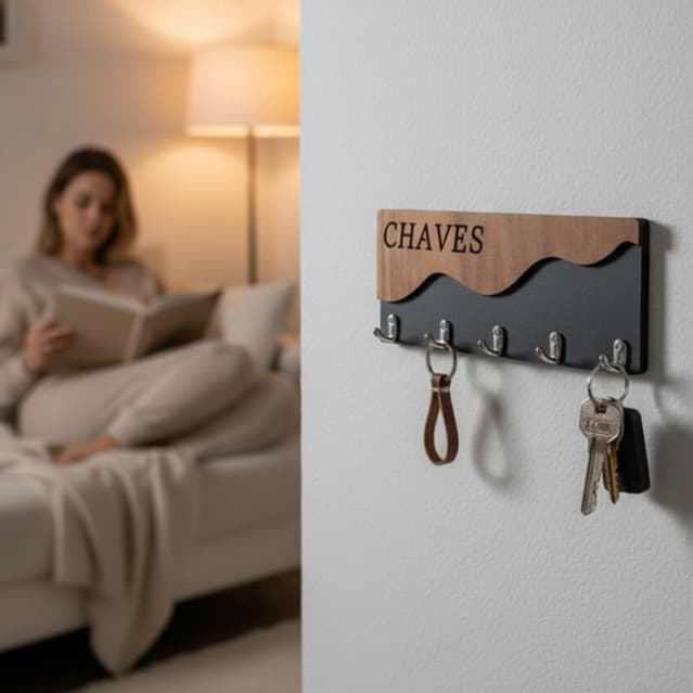 Porta chaves organizador com 5 ganchos em mdf - Pendurador de metal acabamento com corte a laser