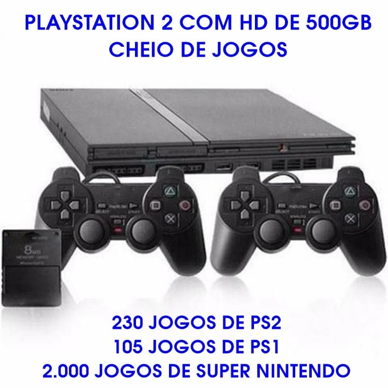 PlayStation 2 Com HD 500GB Cheio de Jogos+ 2 Controles + Garantia