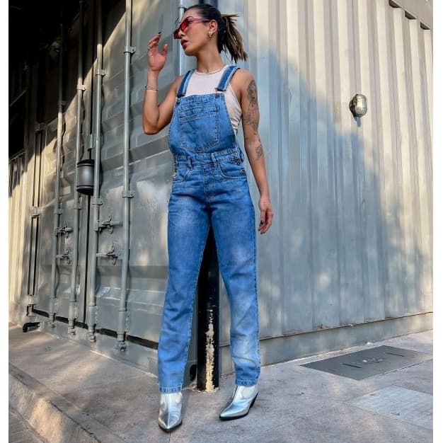 Jardineira Jeans Slim  Longo Macacão Premium Cintura Alta Calça Soltinho Suspensorio