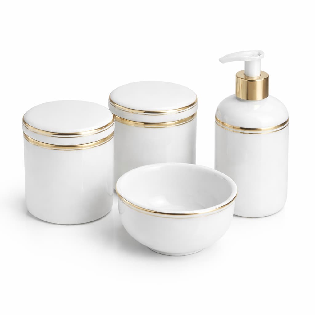 Kit Higiene Bebê Porcelana 2 Filetes Ouro Decoração Quarto Bebê Luxo Organizador