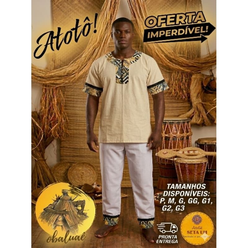 Conjunto Masculino Obaluaê/Omolú Umbanda/Candomblé/Omolokô Cor Palha