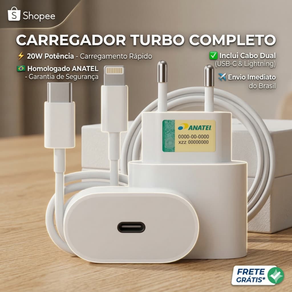 Kit Carregador iPhone Turbo 20W Tipo C + Cabo Lightning Fonte Rápida Para iPhone 11 12 13 14 Pro Max