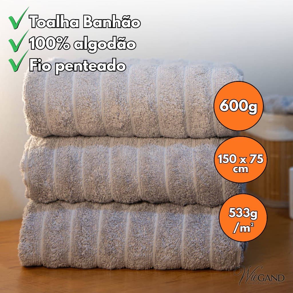 Kit 3 Toalhas Banhão/Banho Gigante Wiegand Requinte – Luxo, Conforto e Alta Absorção 600g | 75x150cm