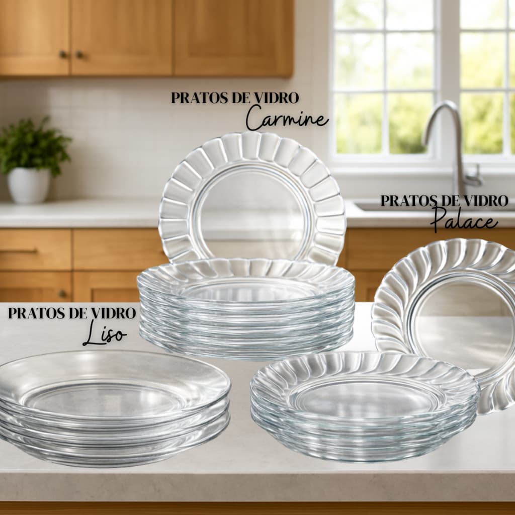 Kit Pratos Fundo Liso de Vidro -  Transparente e Resistente