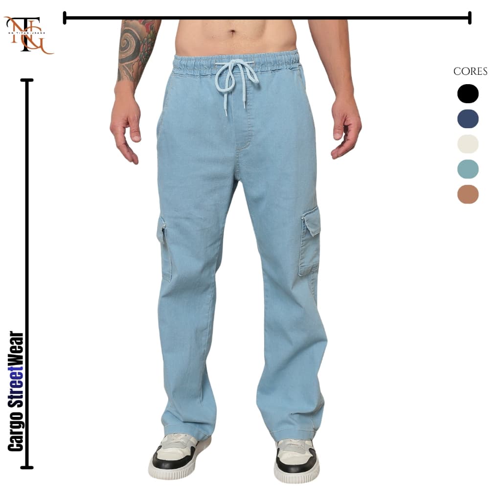 Calça Cargo Masculina Jeans Com Cordão Streetwear Balão Tendência Estilosa