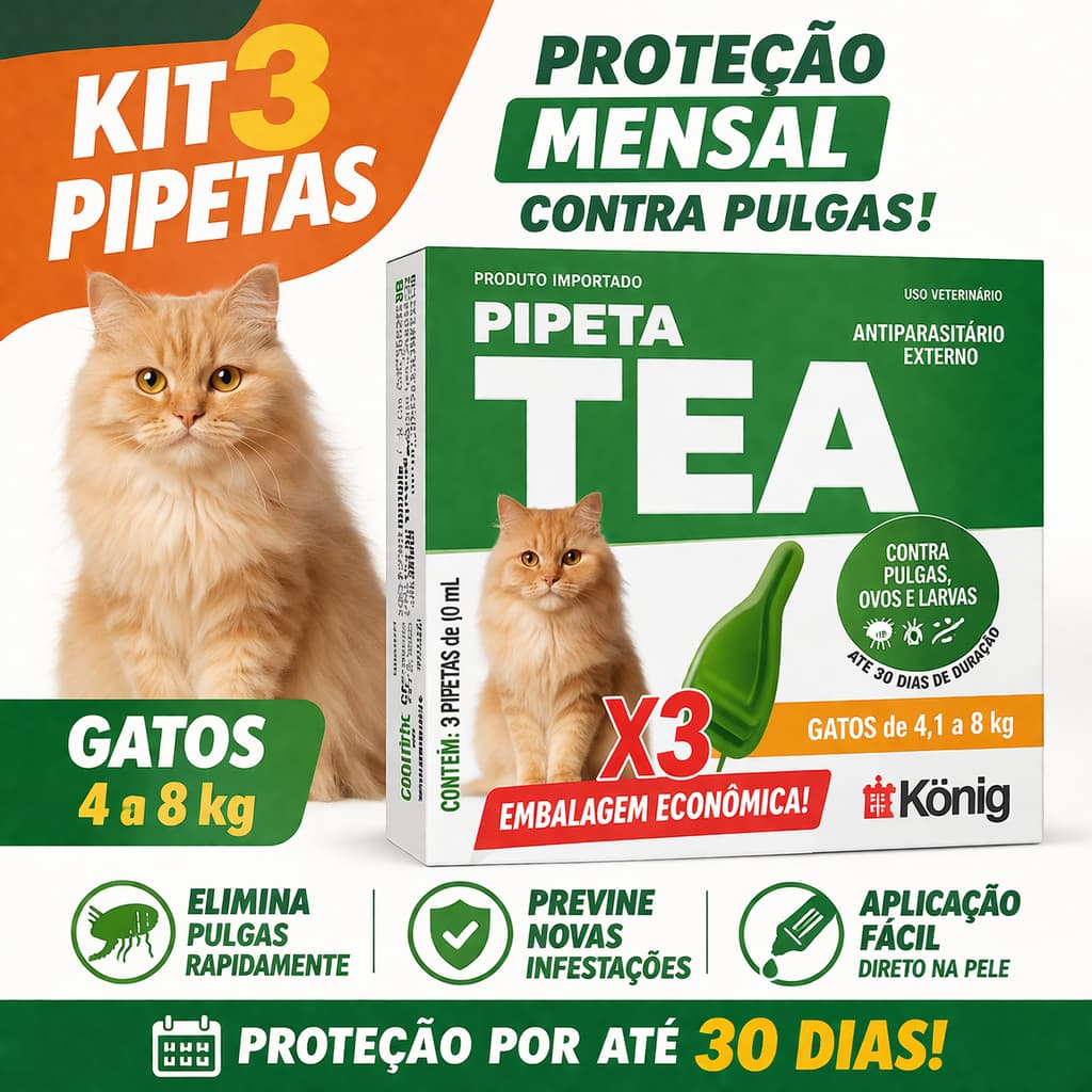 Antipulgas Gatos 4-8kg Kit 3 Pipetas Konig Tea Pulgas Proteção Mensal Original