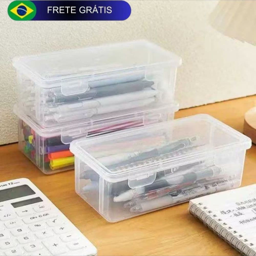 Organizador de mesa escritório para lápis caneta papelaria plástico multiuso com tampa e trava