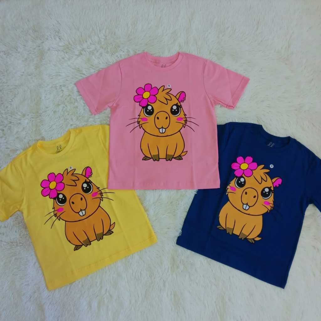 camiseta blusa de menina estampa capivara fofinha tecido 100% algodão macio confortavel tamanhos 6 8 10 e 12 10 e 12
