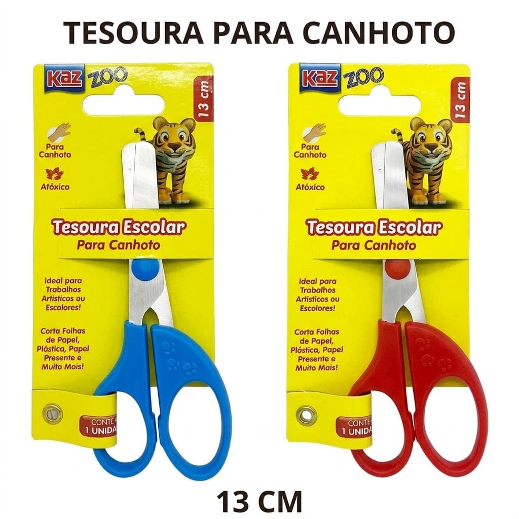 Tesoura Escolar Para Canhoto Inox 13cm Kaz Zoo Ponta Redonda Infantil Ergonomica Canhotos