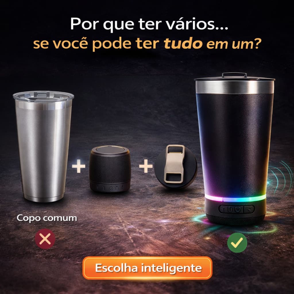Copo Térmico Bluetooth com Som e LED 420ml Inox com Tampa e Abridor Portátil Preto
