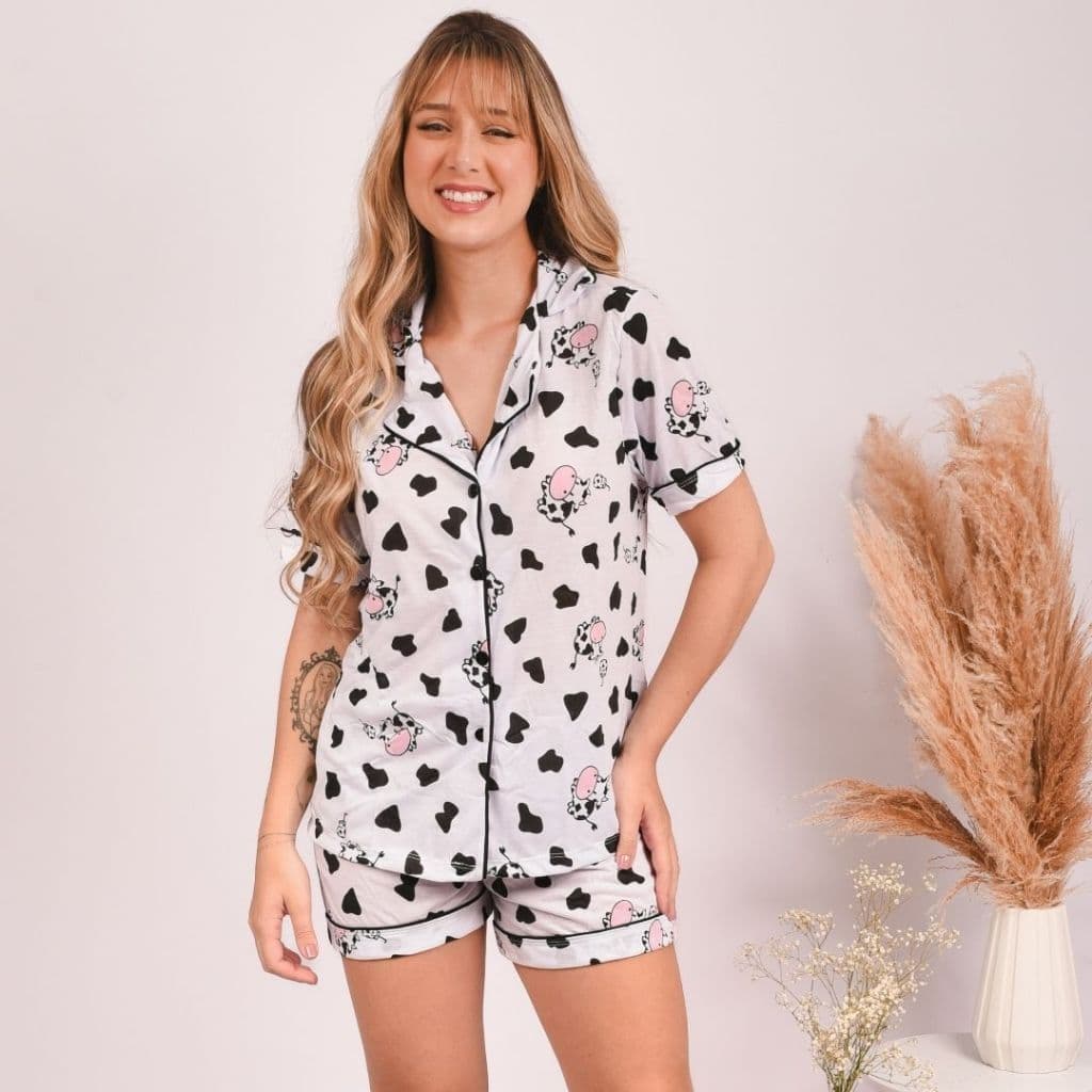 Pijama Americano Blogueirinha Feminino Adulto Malha Estampado Confortável Curto
