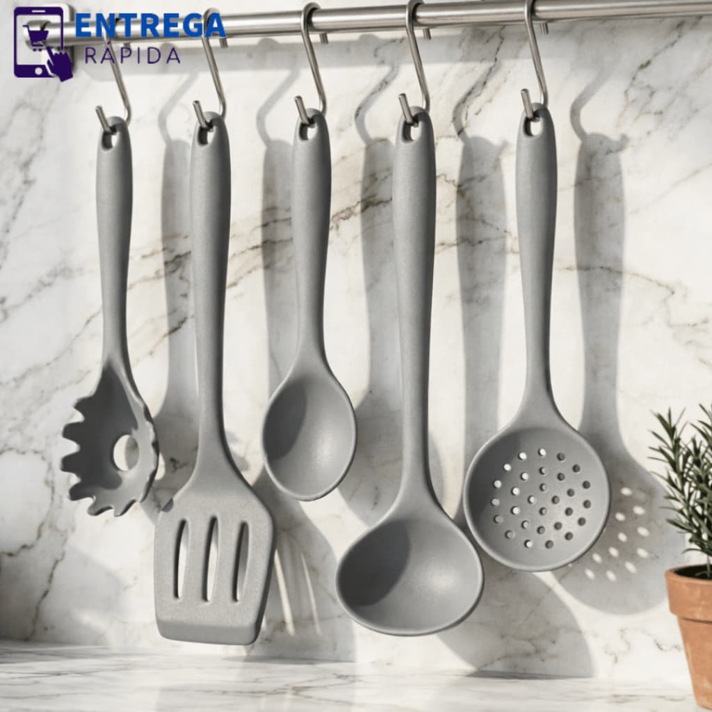 Kit 5 Utensílios para Cozinha de Silicone Colher Espátula Concha Pegador Talheres Jogo Escolha Cor
