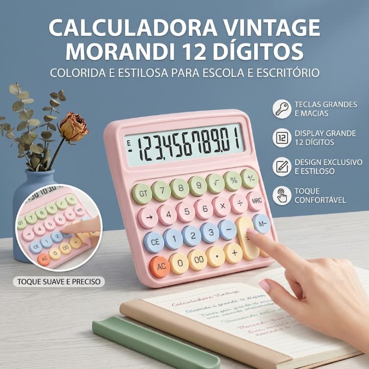 Calculadora 12 Dígitos Vintage Morandi com Teclas Mecânicas Coloridas – Display Grande HD + Cálculo Rápido 100% Preciso