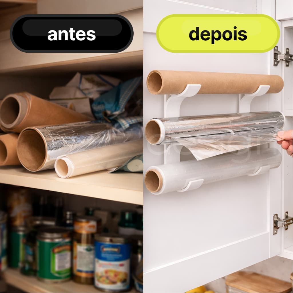 Kit Suporte Organizador para Rolos de Cozinha | Alumínio e Filme Plástico | Organização Inteligente