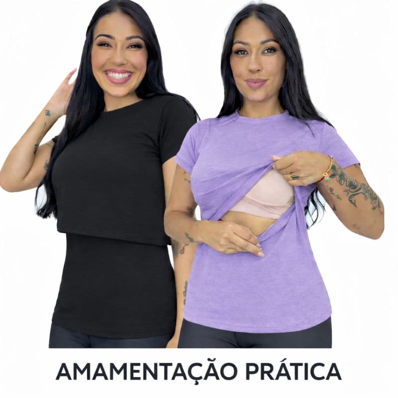 Blusa para amamentação manga curta Malha macia com abertura discreta