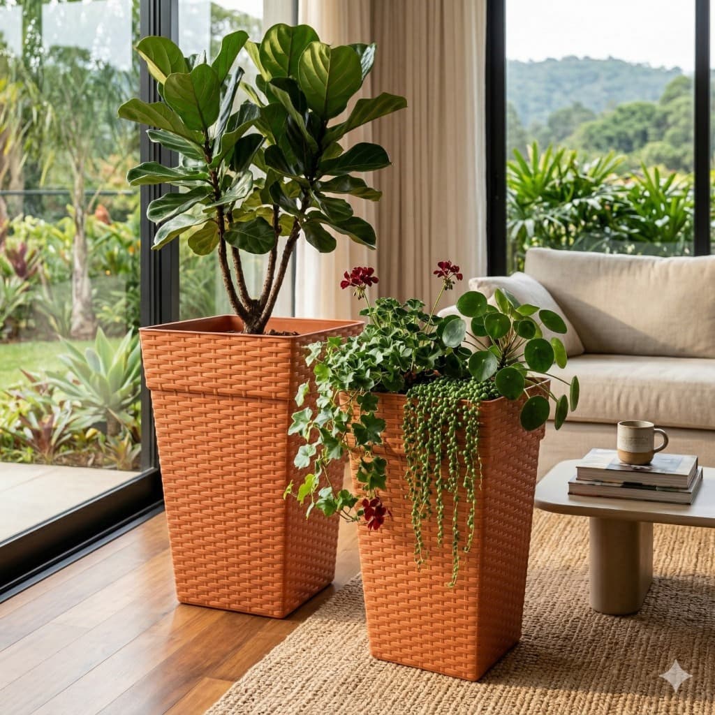Kit 2 Vasos 17 Litros Coluna Rattan Reforçado Para Plantas e Flores Decoração Para Casa