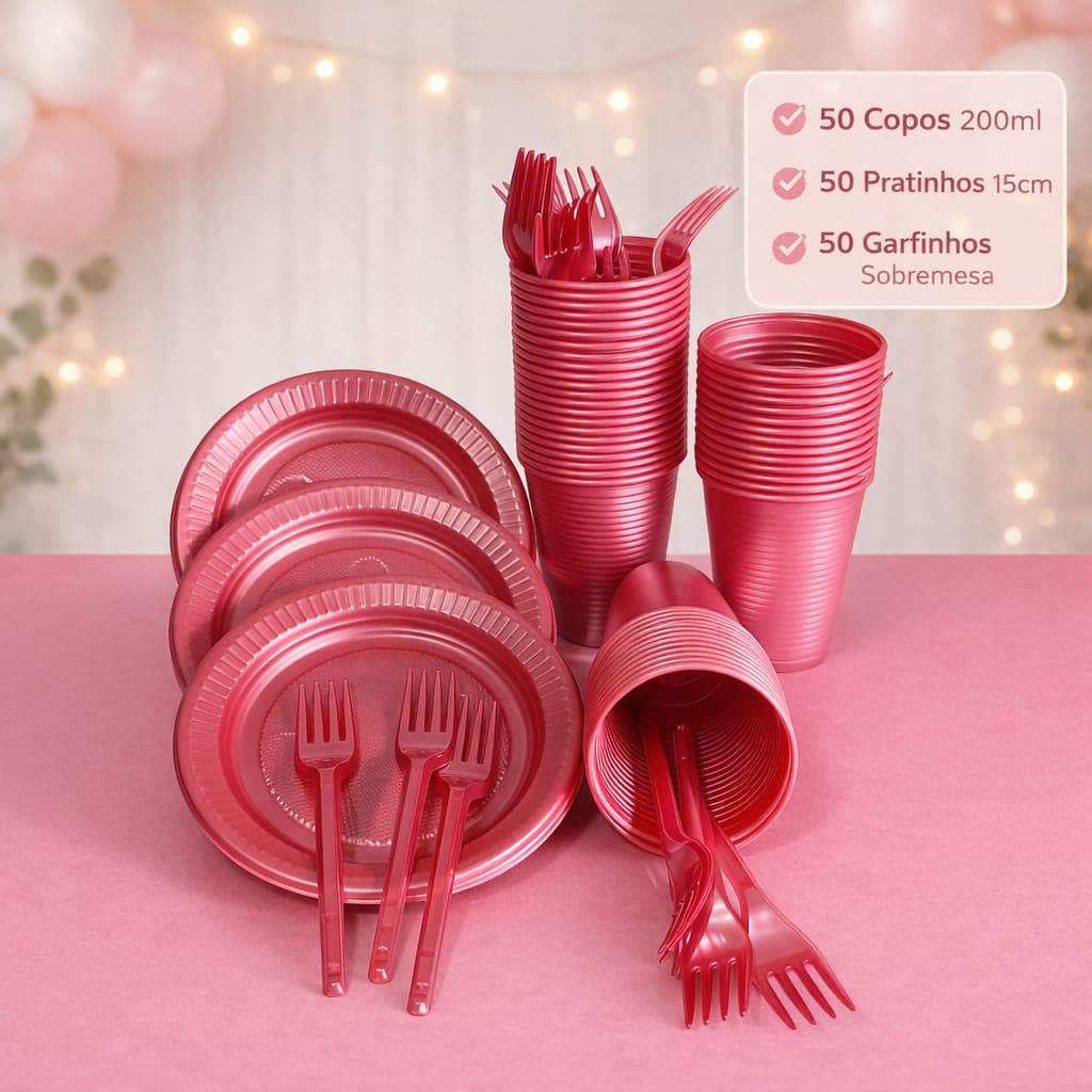 Kit Festa Descartável Perolado Com 50 Copos 200ml, 50 Pratinhos 15cm e 50 Garfinhos Sobremesa