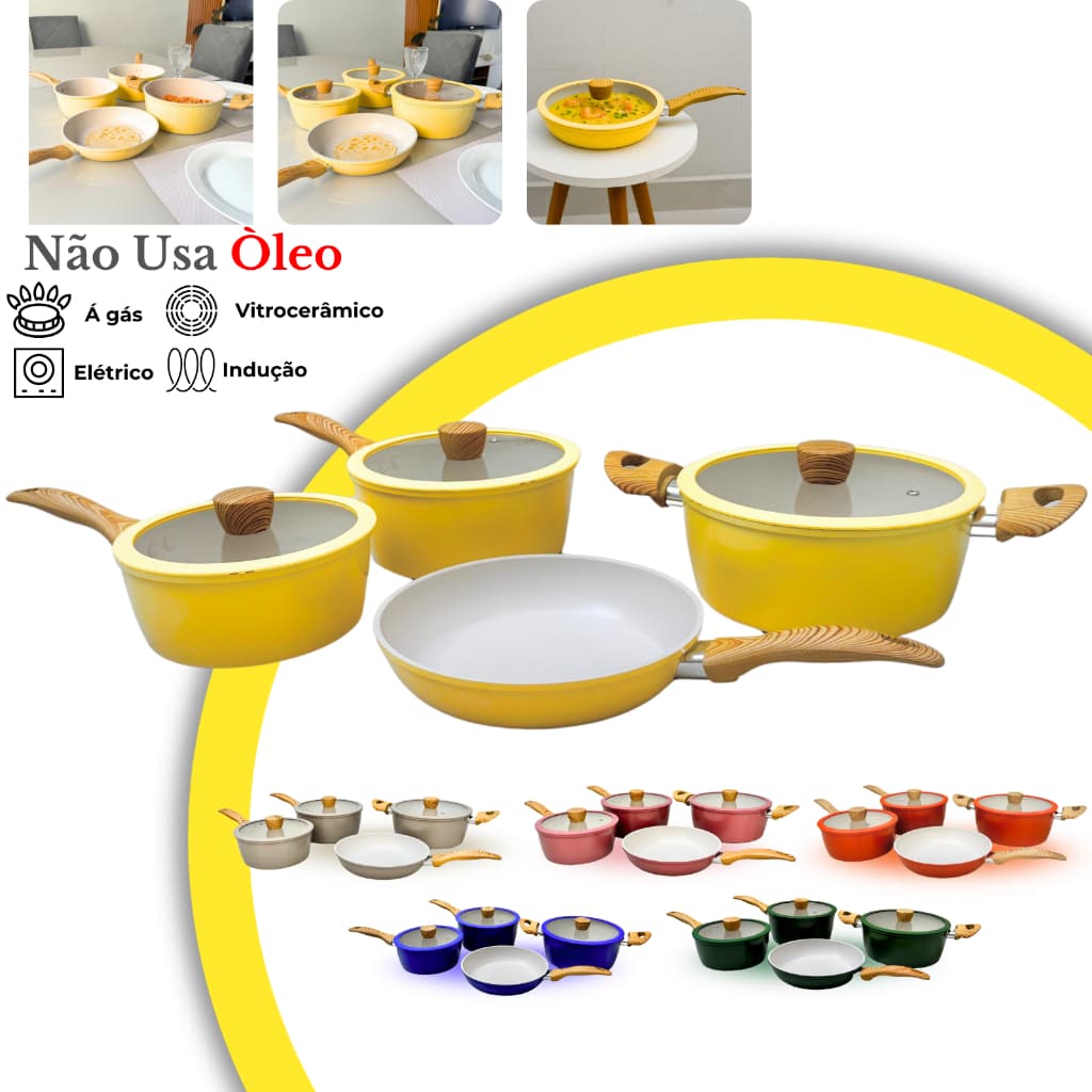 Jogo de Panelas 7 Peças Cerâmica Antiaderente Premium Conjunto Fogão Cooktop Indução Gás Elétrico
