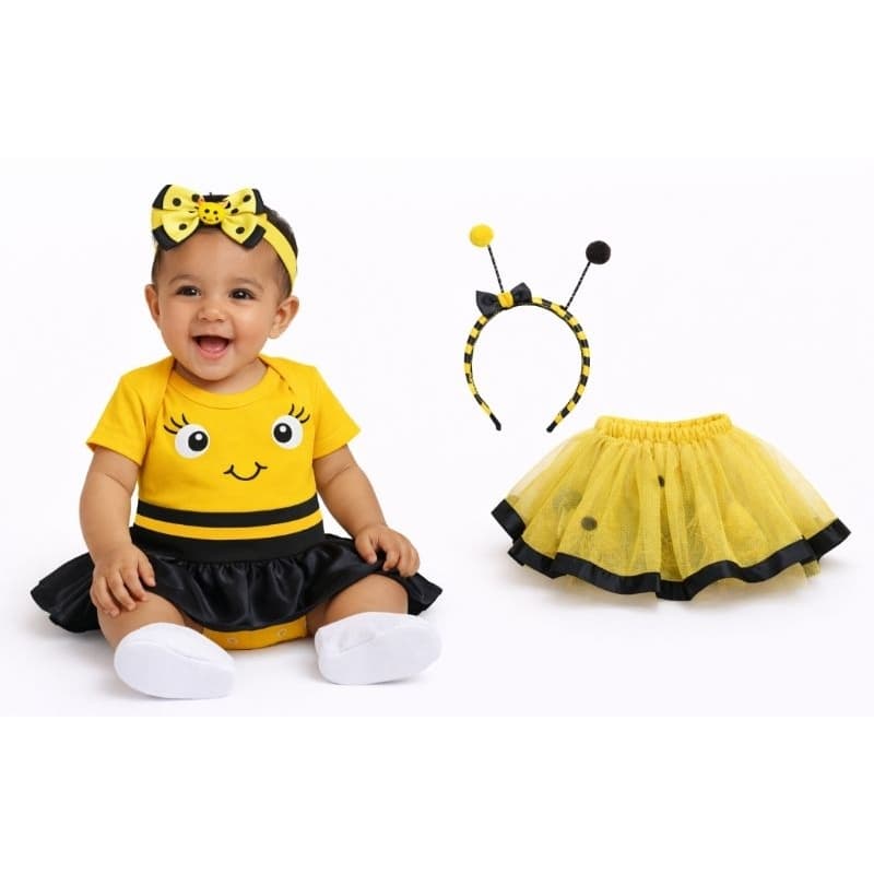 Fantasia Abelhinha Bebê Menina Body + Saia Tule + Faixa ou Tiara | Mesversário 3 Peças
