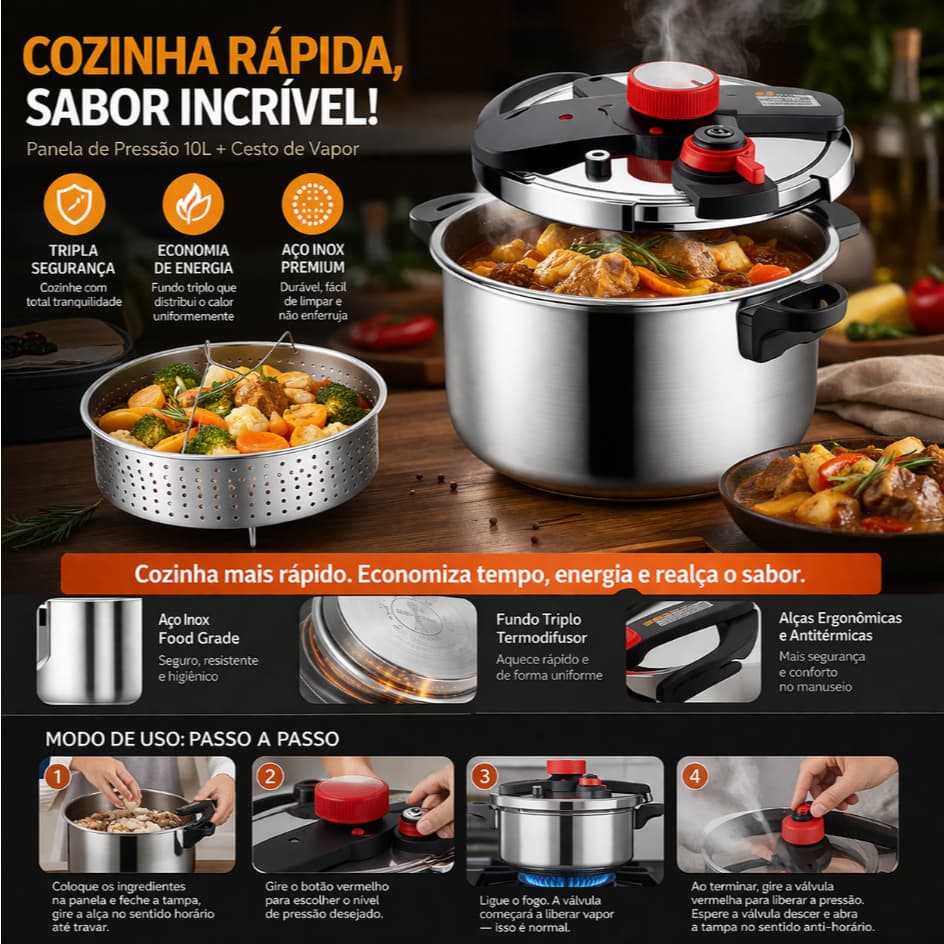 Panela de Pressão Inox 6L 10L - Sistema Antiexplosão - 3 Níveis - Cozimento Rápido e Fácil
