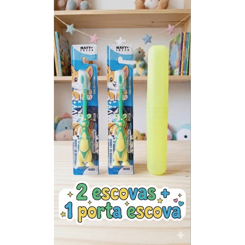 Kit Higiene Infantil Escova de Dente Divertidas Macia + Porta Escova Escolar