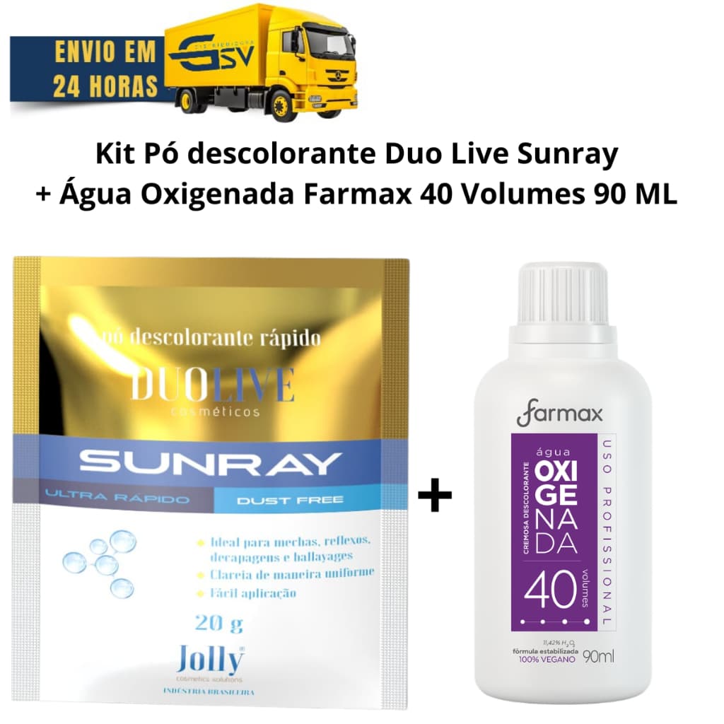 Kit Pó Descolorante Sunray Duo Live 20 Gr + Água Oxigenada Farmax 40 Volumes 90 ML