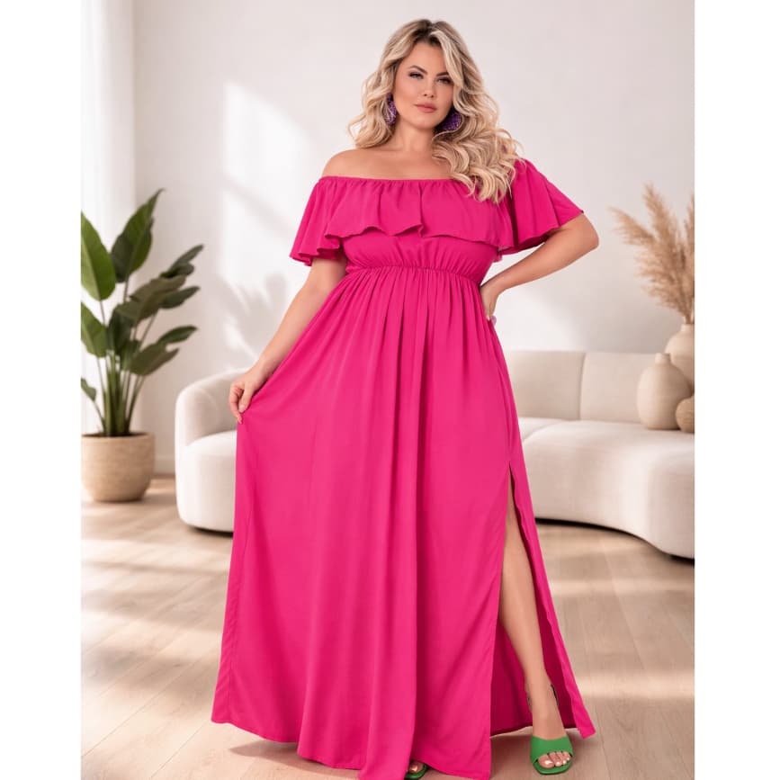 Vestido Longo Plus Size Feminino Ombro A Ombro Festa Modelador Fenda Soltinho Roupas Plus Size